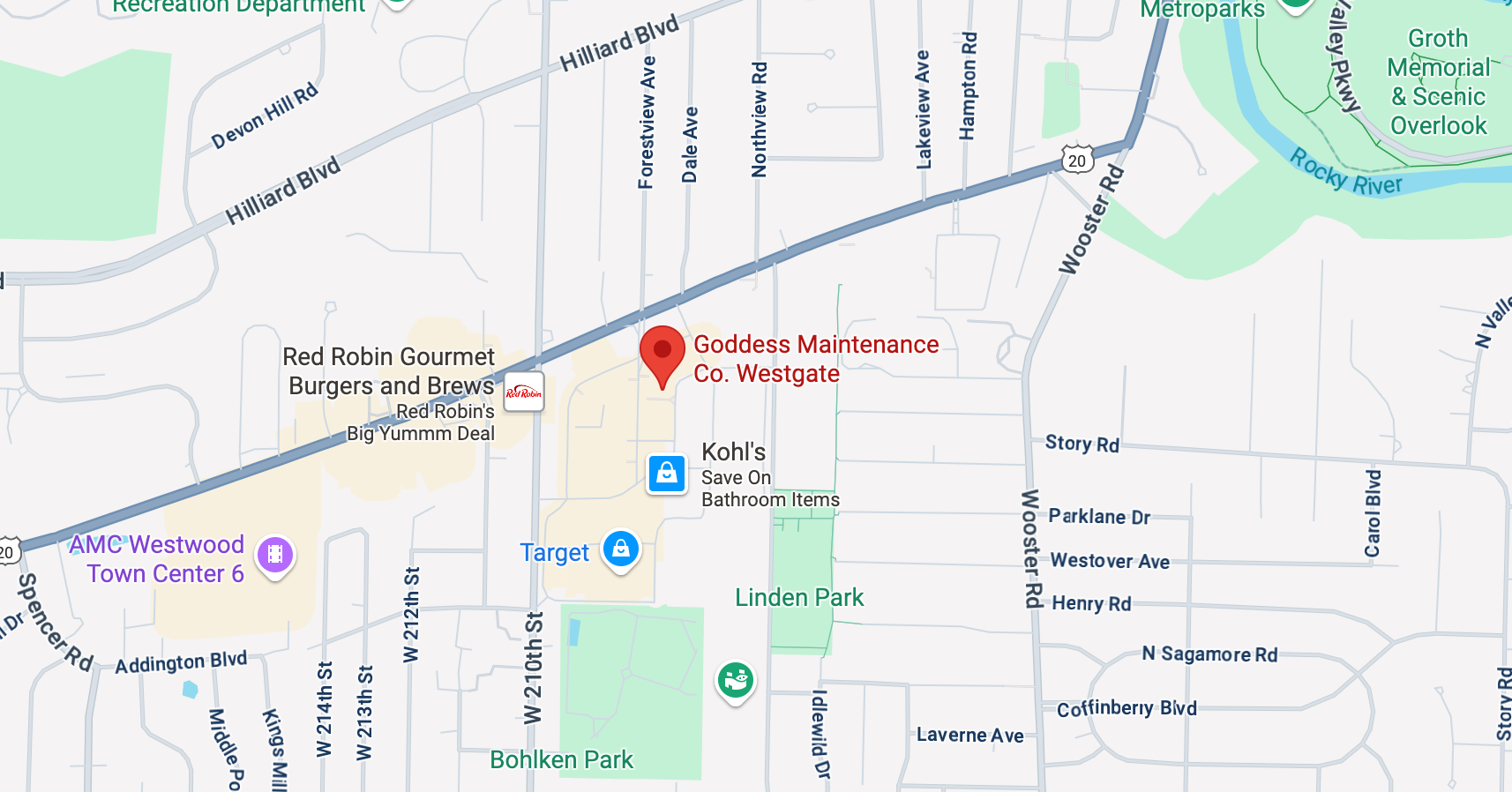 Map of a neighborhood with various businesses marked, including a red pin indicating 'Goddess Maintenance Co. Westgate'.